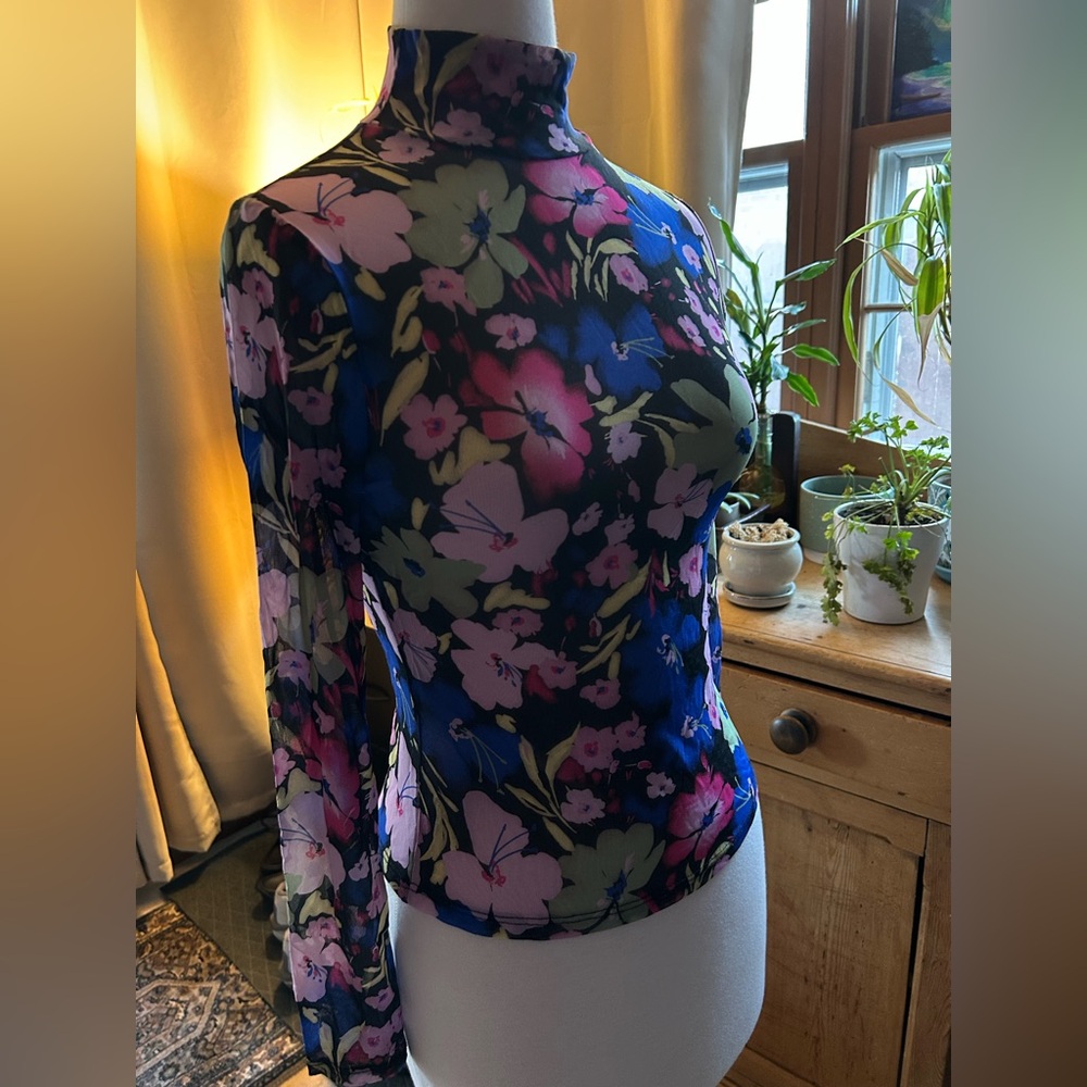 Bar III Multicolor Floral Long Sleeve Semi-sheer Blouse